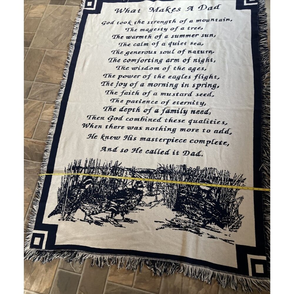 Woven Throw Blanket "What Makes A Dad" Blue Ivory Soft Woven Cotton 71" Long Vtg - Picture 8 of 11